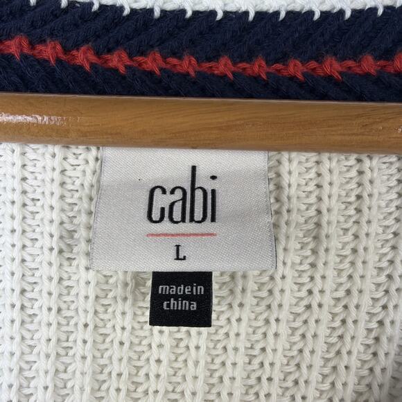 CABI Womens large White V Neck fisherman patriotic preppy sweater style #5639 - Picture 5 of 9